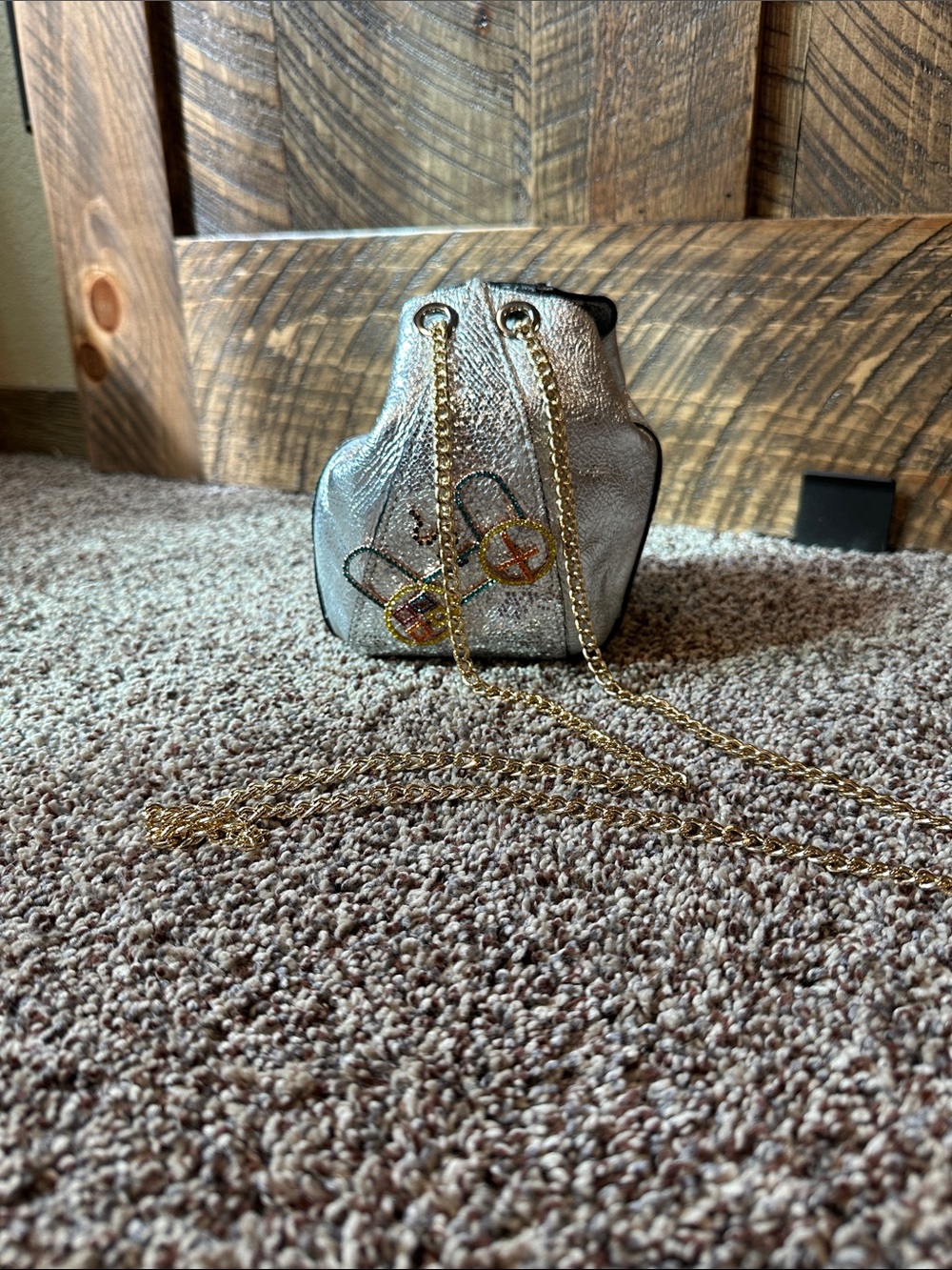 Silver Mini Drawstring Bucket Bag with Gold Chain